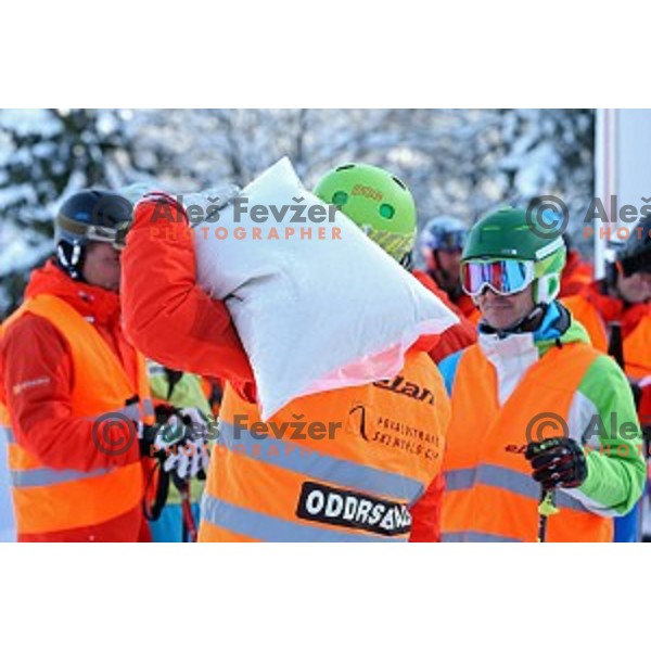Course preparation before racers inspection at AUDI FIS Ski World Cup Giant Slalom in Kranjska gora, Slovenia on March 4, 2016