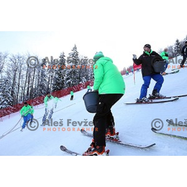 Course preparation before racers inspection at AUDI FIS Ski World Cup Giant Slalom in Kranjska gora, Slovenia on March 4, 2016