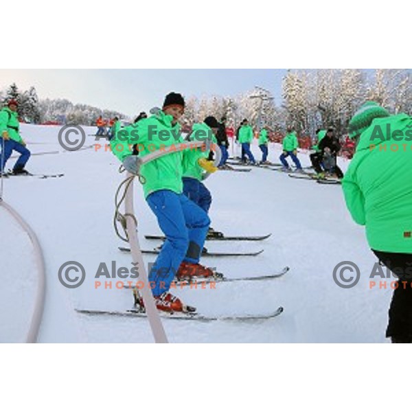 Course preparation before racers inspection at AUDI FIS Ski World Cup Giant Slalom in Kranjska gora, Slovenia on March 4, 2016