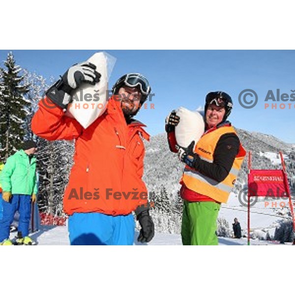 Course preparation before racers inspection at AUDI FIS Ski World Cup Giant Slalom in Kranjska gora, Slovenia on March 4, 2016