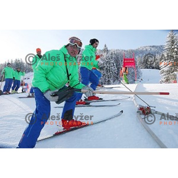 Course preparation before racers inspection at AUDI FIS Ski World Cup Giant Slalom in Kranjska gora, Slovenia on March 4, 2016