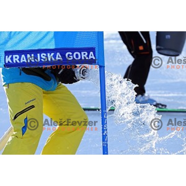 Course preparation before racers inspection at AUDI FIS Ski World Cup Giant Slalom in Kranjska gora, Slovenia on March 4, 2016