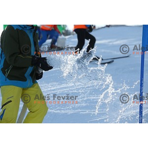 Course preparation before racers inspection at AUDI FIS Ski World Cup Giant Slalom in Kranjska gora, Slovenia on March 4, 2016