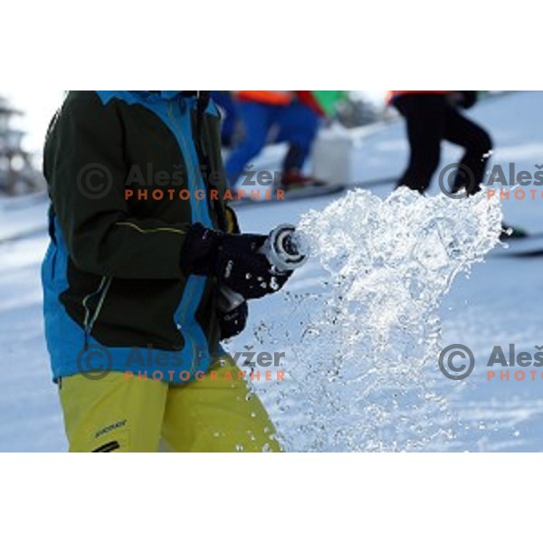 Course preparation before racers inspection at AUDI FIS Ski World Cup Giant Slalom in Kranjska gora, Slovenia on March 4, 2016