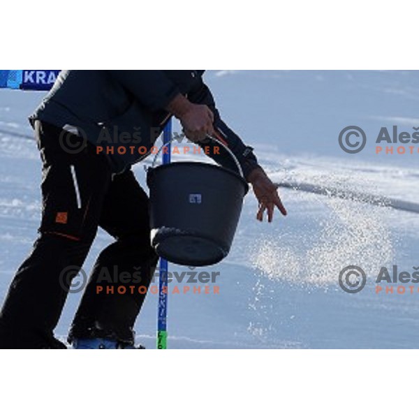 Course preparation before racers inspection at AUDI FIS Ski World Cup Giant Slalom in Kranjska gora, Slovenia on March 4, 2016