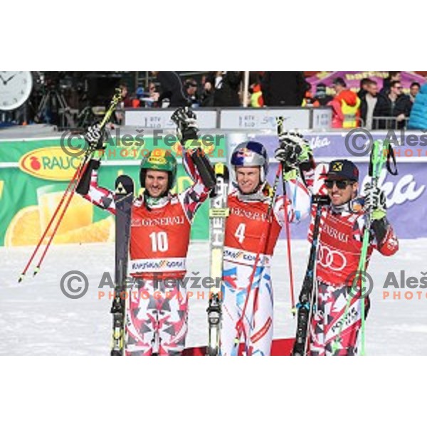 Philipp Schoerghofer (AUT) second placed, winner Alexis Pinturault (FRA) and Marcel Hirscher (AUT) third placed at AUDI FIS Ski World Cup Giant Slalom in Kranjska gora, Slovenia on March 4, 2016