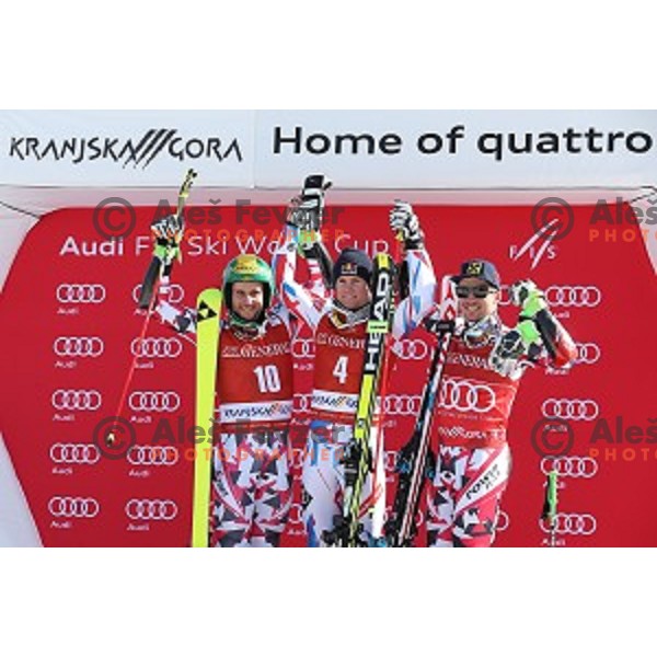 Philipp Schoerghofer (AUT) second placed, winner Alexis Pinturault (FRA) and Marcel Hirscher (AUT) third placed at AUDI FIS Ski World Cup Giant Slalom in Kranjska gora, Slovenia on March 4, 2016