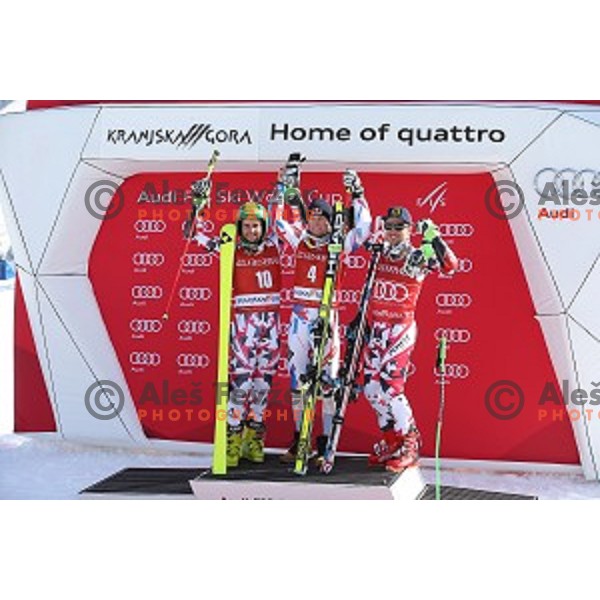 Philipp Schoerghofer (AUT) second placed, winner Alexis Pinturault (FRA) and Marcel Hirscher (AUT) third placed at AUDI FIS Ski World Cup Giant Slalom in Kranjska gora, Slovenia on March 4, 2016