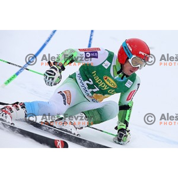 Zan Kranjec (SLO) skiing in first run of AUDI FIS Ski World Cup Giant Slalom for 55.Vitranc Cup in Kranjska gora, Slovenia on March 5, 2016