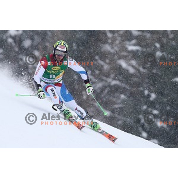 Justin Murisier (SUI) skiing in first run of AUDI FIS Ski World Cup Giant Slalom for 55.Vitranc Cup in Kranjska gora, Slovenia on March 5, 2016