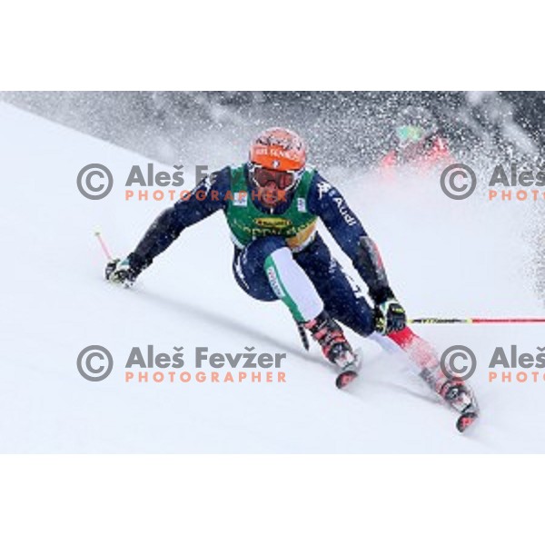 Riccardo Tonetti (ITA) skiing in first run of AUDI FIS Ski World Cup Giant Slalom for 55.Vitranc Cup in Kranjska gora, Slovenia on March 5, 2016