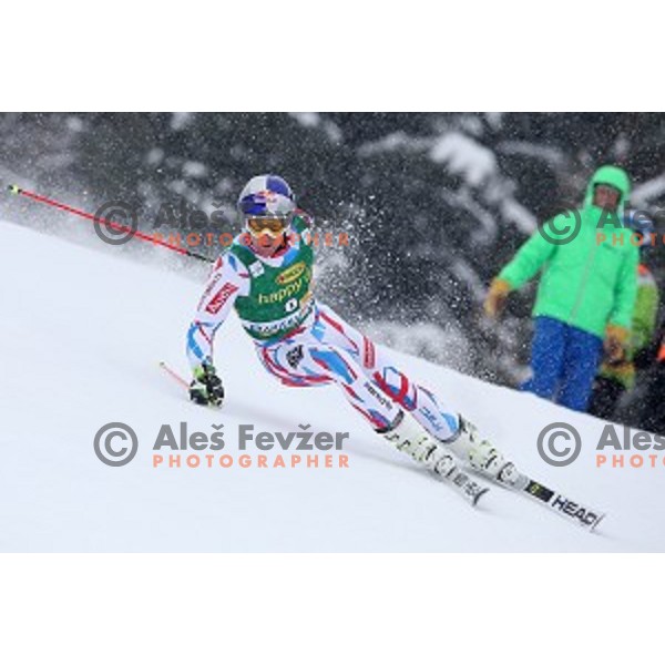 Alexis Pinturault (FRA) skiing in first run of AUDI FIS Ski World Cup Giant Slalom for 55.Vitranc Cup in Kranjska gora, Slovenia on March 5, 2016