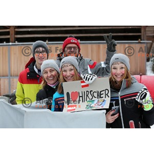 Fans of Marcel Hirscher cheering before first run of AUDI FIS Ski World Cup Giant Slalom for 55.Vitranc Cup in Kranjska gora, Slovenia on March 5, 2016