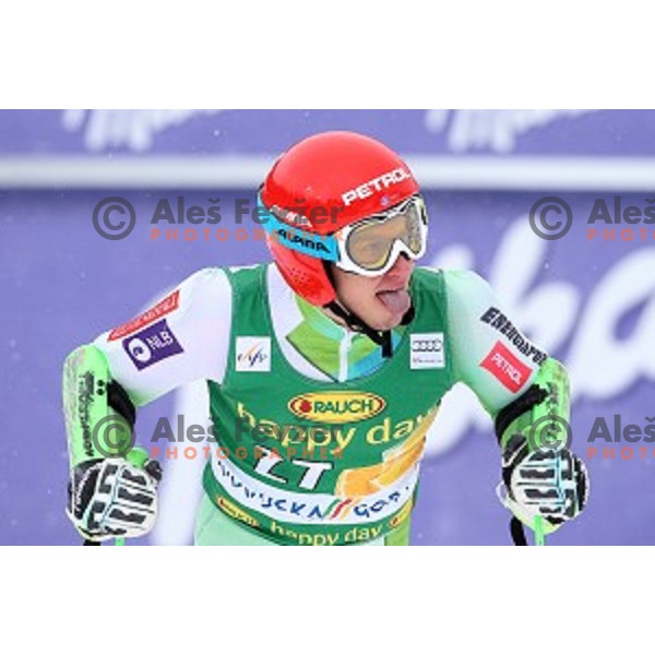 Zan Kranjec (SLO) at finish of AUDI FIS Ski World Cup Giant Slalom for 55.Vitranc Cup in Kranjska gora, Slovenia on March 5, 2016