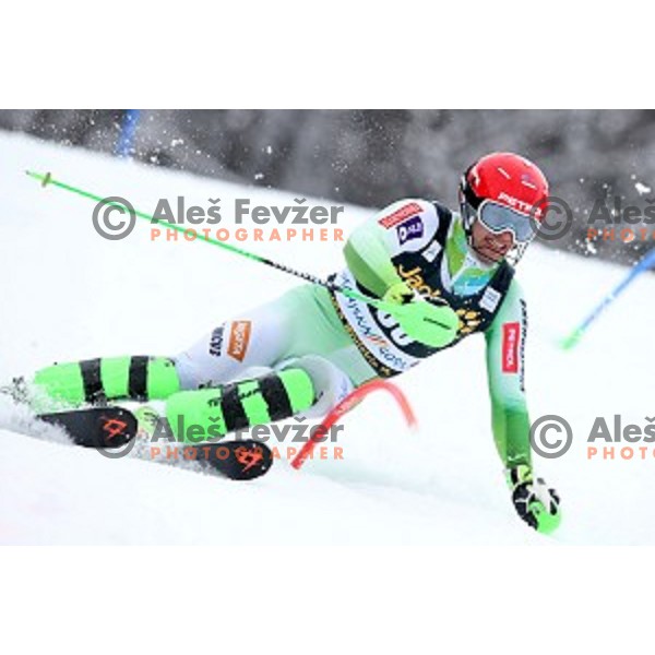 Miha Kuerner (SLO) skiing in first run of AUDI FIS Ski World Cup Slalom for 55.Vitranc Cup in Kranjska gora, Slovenia on March 6, 2016