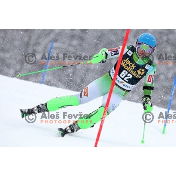 Zan Groselj (SLO) skiing in first run of AUDI FIS Ski World Cup Slalom for 55.Vitranc Cup in Kranjska gora, Slovenia on March 6, 2016