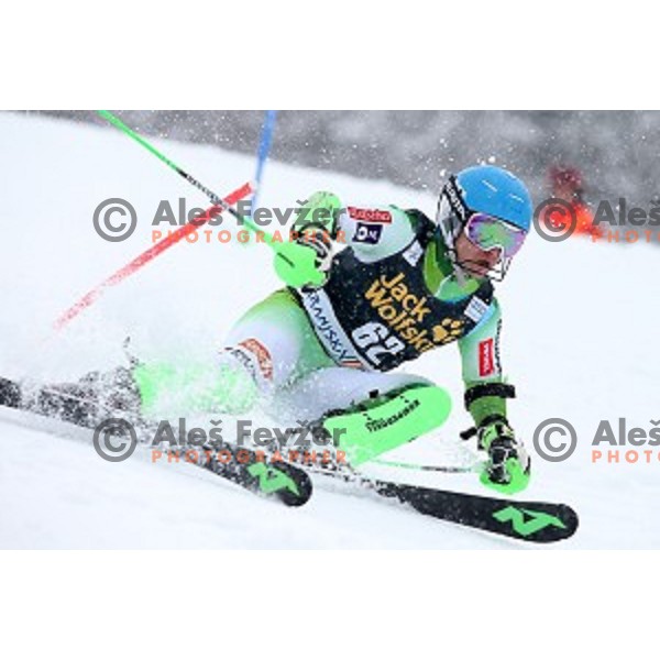 Zan Groselj (SLO) skiing in first run of AUDI FIS Ski World Cup Slalom for 55.Vitranc Cup in Kranjska gora, Slovenia on March 6, 2016