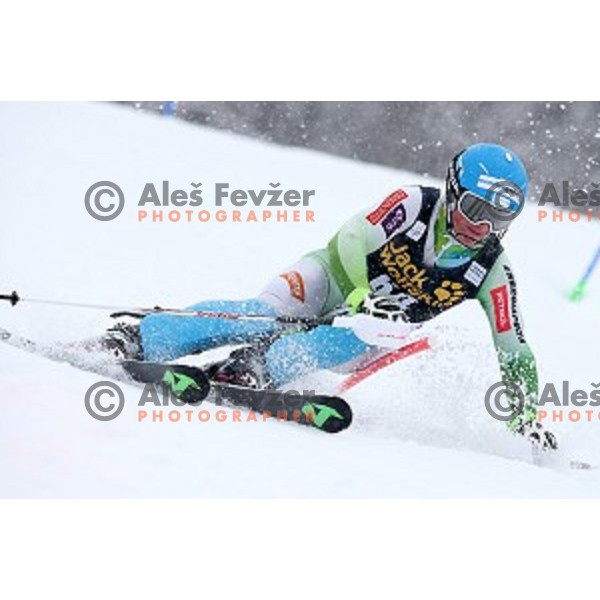 Jakob Spik (SLO) skiing in first run of AUDI FIS Ski World Cup Slalom for 55.Vitranc Cup in Kranjska gora, Slovenia on March 6, 2016