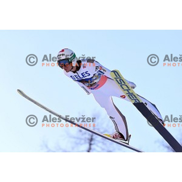 Robi Kranjec of Slovenia in the air at Ski flying event during the Final of FIS Ski jumping World Cup Planica, Slovenia on March 18, 2016