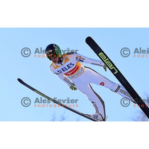 Peter Prevc of Slovenia in the air at Ski flying event during the Final of FIS Ski jumping World Cup Planica, Slovenia on March 18, 2016