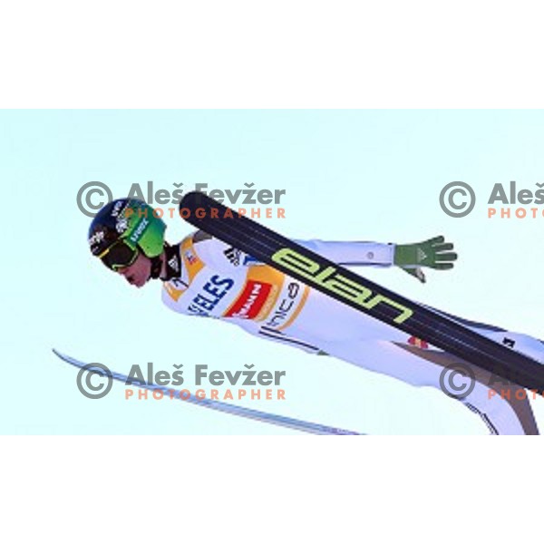 Peter Prevc of Slovenia in the air at Ski flying event during the Final of FIS Ski jumping World Cup Planica, Slovenia on March 18, 2016