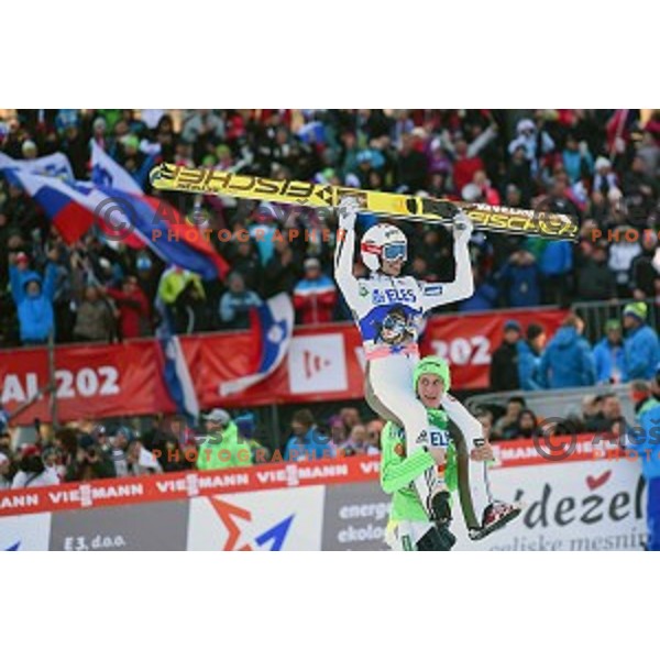 Peter Prevc (second place) and Robi Kranjec of Slovenia winner of Ski flying event during the Final of FIS Ski jumping World Cup Planica, Slovenia on March 18, 2016