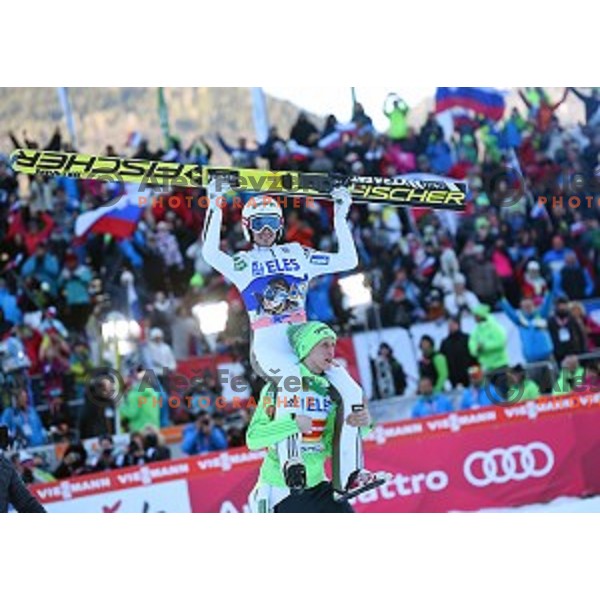 Peter Prevc (second place) and Robi Kranjec of Slovenia winner of Ski flying event during the Final of FIS Ski jumping World Cup Planica, Slovenia on March 18, 2016