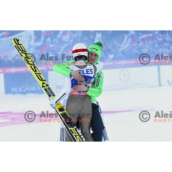 Peter Prevc (second place) and Robi Kranjec of Slovenia winner of Ski flying event during the Final of FIS Ski jumping World Cup Planica, Slovenia on March 18, 2016