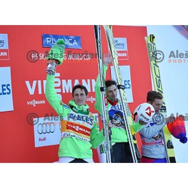 Peter Prevc (second place) and Robi Kranjec of Slovenia winner of Ski flying event during the Final of FIS Ski jumping World Cup Planica, Slovenia on March 18, 2016