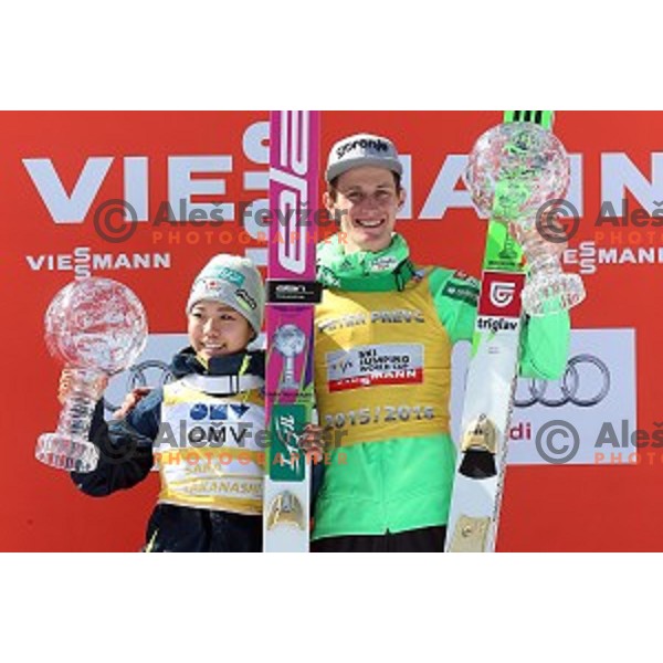 Sara Takanashi (JPN) and Peter Prevc (SLO) overall winners of FIS Ski jumping World Cup season 2015/2016 in Planica, Slovenia on March 20, 2016