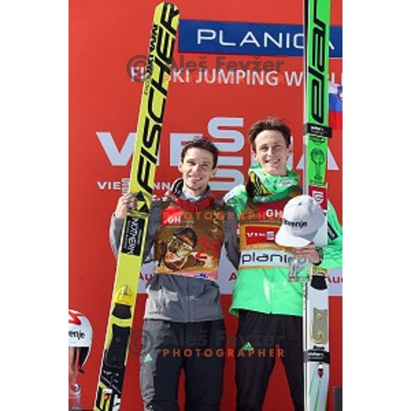 Robi Kranjec and Peter Prevc of Slovenia at Ski flying event during the Final of FIS Ski jumping World Cup season 2015/2016 in Planica, Slovenia on March 20, 2016