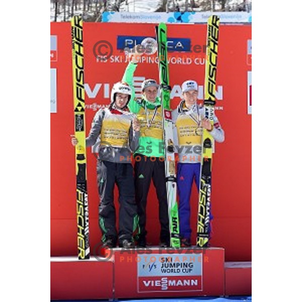 Robi Kranjec and Peter Prevc of Slovenia at Ski flying event during the Final of FIS Ski jumping World Cup season 2015/2016 in Planica, Slovenia on March 20, 2016