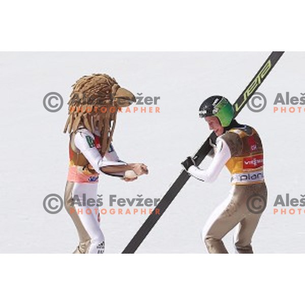 Robi Kranjec and Peter Prevc of Slovenia at Ski flying event during the Final of FIS Ski jumping World Cup season 2015/2016 in Planica, Slovenia on March 20, 2016