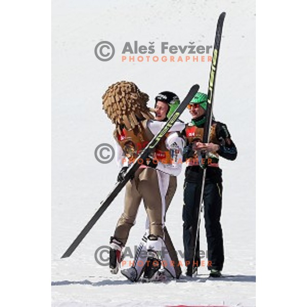 Robi Kranjec and Peter Prevc of Slovenia at Ski flying event during the Final of FIS Ski jumping World Cup season 2015/2016 in Planica, Slovenia on March 20, 2016