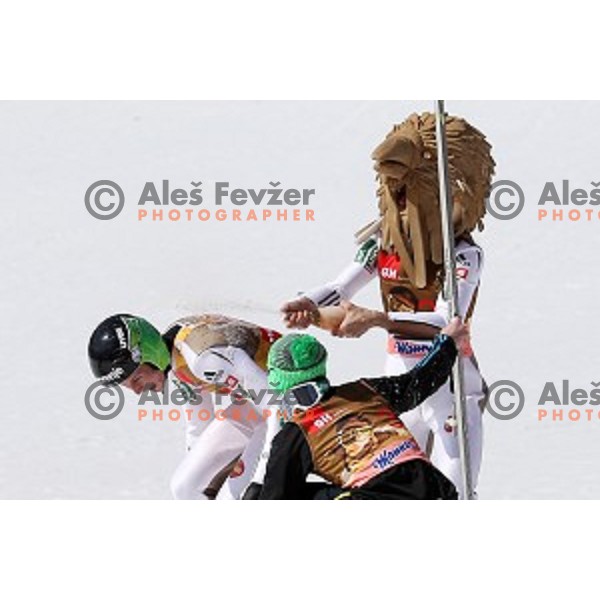 Robi Kranjec and Peter Prevc of Slovenia at Ski flying event during the Final of FIS Ski jumping World Cup season 2015/2016 in Planica, Slovenia on March 20, 2016