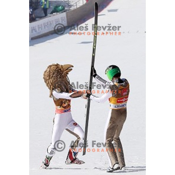 Robi Kranjec and Peter Prevc of Slovenia at Ski flying event during the Final of FIS Ski jumping World Cup season 2015/2016 in Planica, Slovenia on March 20, 2016