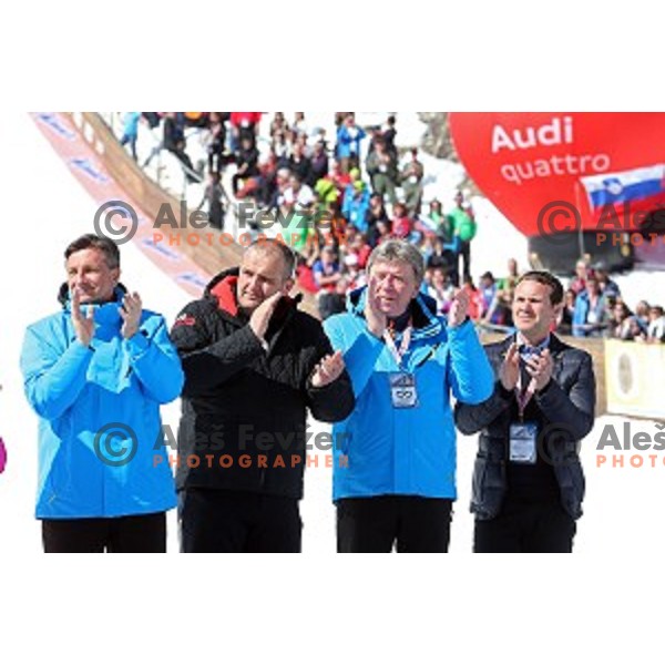 Borut Pahor, Miklavcic, Bahun at Ski flying event during the Final of FIS Ski jumping World Cup season 2015/2016 in Planica, Slovenia on March 20, 2016