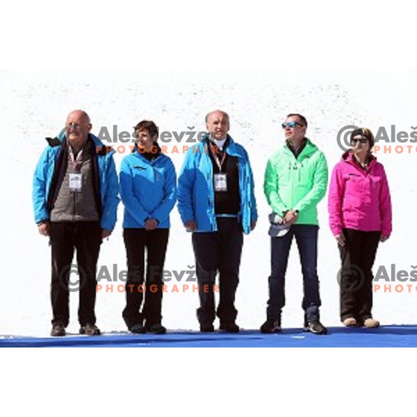 Janez Kocijancic, Maja Makovec Brencic, Ljubo Jasnic, Enzo Smrekar at Ski flying event during the Final of FIS Ski jumping World Cup season 2015/2016 in Planica, Slovenia on March 20, 2016