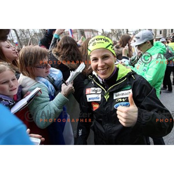 Vesna Fabjan and best slovenian winter sportsmen and sportswoman at reception for fans during Q max party at Congress square, Ljubljana, Slovenia on March 22, 2016