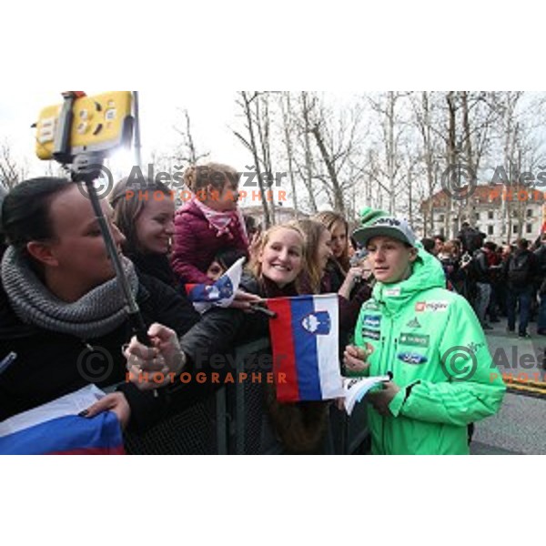 Domen Prevc and best slovenian winter sportsmen and sportswoman at reception for fans during Q max party at Congress square, Ljubljana, Slovenia on March 22, 2016