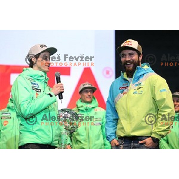 Peter Prevc , Filip Flisar and best slovenian winter sportsmen and sportswoman at reception for fans during Q max party at Congress square, Ljubljana, Slovenia on March 22, 2016