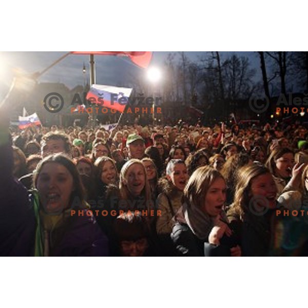 reception for best slovenian winter sportsmen and sportswoman for fans during Q max party at Congress square, Ljubljana, Slovenia on March 22, 2016
