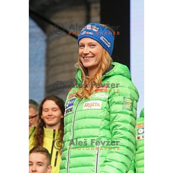 Ana Drev at reception for best slovenian winter sportsmen and sportswoman for fans during Q max party at Congress square, Ljubljana, Slovenia on March 22, 2016