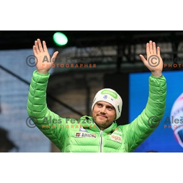 Bostjan Kline at reception for best slovenian winter sportsmen and sportswoman for fans during Q max party at Congress square, Ljubljana, Slovenia on March 22, 2016