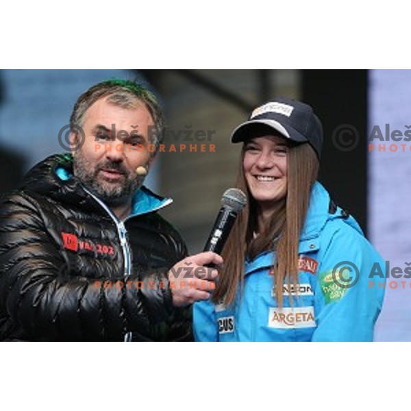 Peter Prevc and best slovenian winter sportsmen and sportswoman at reception for fans during Q max party at Congress square, Ljubljana, Slovenia on March 22, 2016