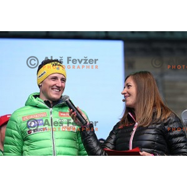 Stefan Hadalin, Anja Hlaca Ferjancic and best slovenian winter sportsmen and sportswoman at reception for fans during Q max party at Congress square, Ljubljana, Slovenia on March 22, 2016