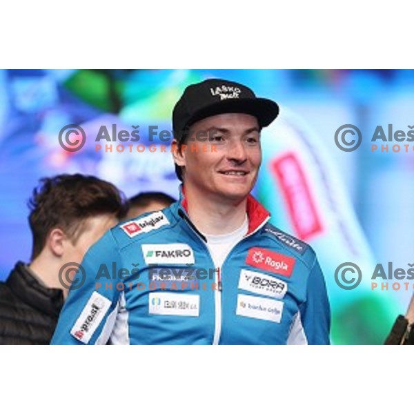 Rok Marguc and best slovenian winter sportsmen and sportswoman at reception for fans during Q max party at Congress square, Ljubljana, Slovenia on March 22, 2016