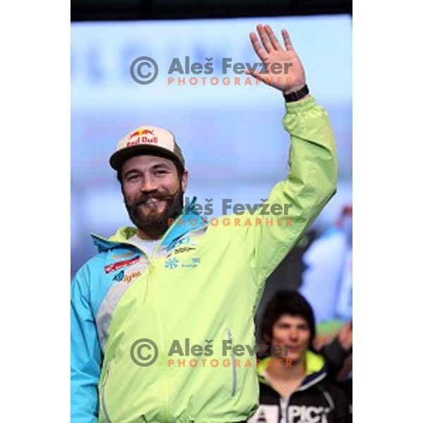 Filip Flisar at reception for best slovenian winter sportsmen and sportswoman for fans during Q max party at Congress square, Ljubljana, Slovenia on March 22, 2016
