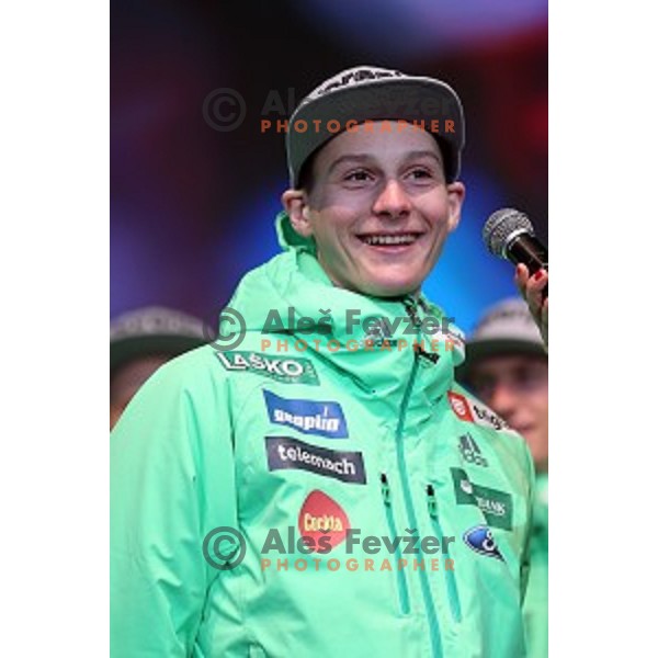 Domen Prevc at reception for best slovenian winter sportsmen and sportswoman for fans during Q max party at Congress square, Ljubljana, Slovenia on March 22, 2016