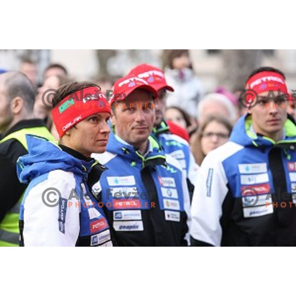 Teja Gregorin and Janez Ozbolt at reception for fans during Q max party at Congress square, Ljubljana, Slovenia on March 22, 2016
